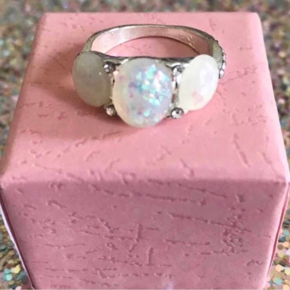 Opal Triple-Stone Sterling Silver Ring - White Opalescent